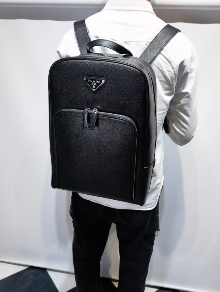 NIGO Prada Saffiano Classic Minimalist Business Backpack Printed Triangle Badge Adjustable Leather Shoulder Straps Two Way Zipper Closure Backpack  Bag Bags 2VZ102_9Z2_F0002_V_DOO #nigo79175