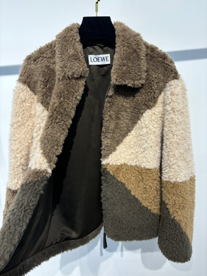 NIGO Loewe Men's Logo Shearling Wool Fur Spring/Fall Oversized Collar Contrast-Color Embossed Zipper Jacket Ngvp #nigo2541