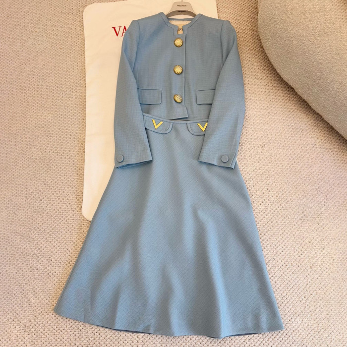 NIGO Valentino Women's Fall/winter Fashion Minimalist Classic Crew Neck Solid Color Single Button Short Jacket Classic Minimalist V-shaped Button Design Skirt Suit Set #nigo79194
