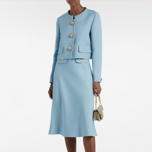 NIGO Valentino Women's Fall/winter Fashion Minimalist Classic Crew Neck Solid Color Single Button Short Jacket Classic Minimalist V-shaped Button Design Skirt Suit Set #nigo79194