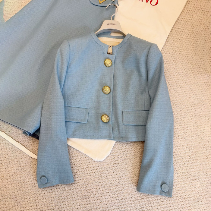 NIGO Valentino Women's Fall/winter Fashion Minimalist Classic Crew Neck Solid Color Single Button Short Jacket Classic Minimalist V-shaped Button Design Skirt Suit Set #nigo79194