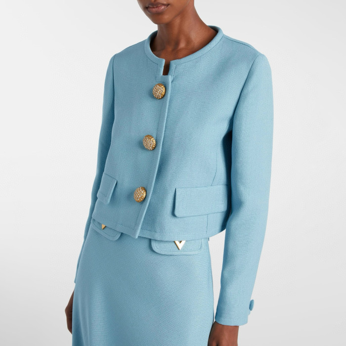 NIGO Valentino Women's Fall/winter Fashion Minimalist Classic Crew Neck Solid Color Single Button Short Jacket Classic Minimalist V-shaped Button Design Skirt Suit Set #nigo79194
