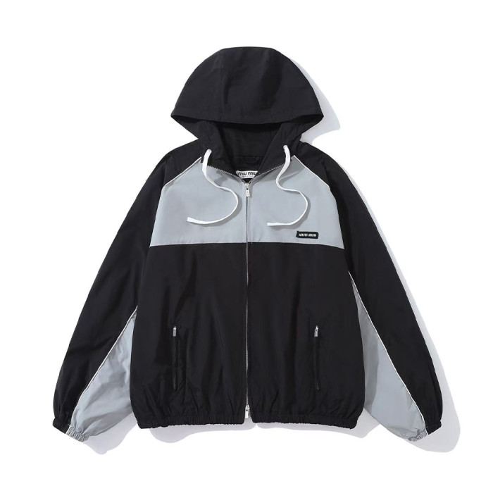 NIGO MiuMiu Women's Spring/Summer Striped Color-Block Logo Zipper Hooded Oversized Short Jacket #nigo81594