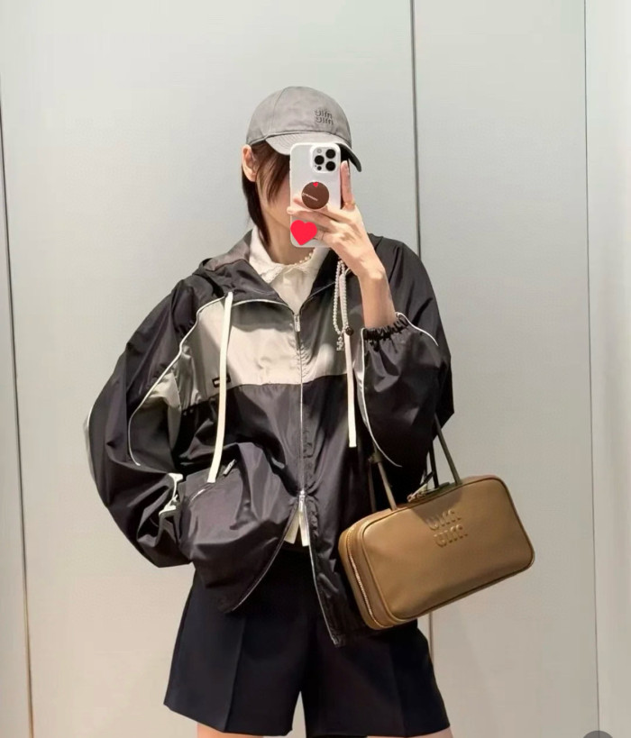 NIGO MiuMiu Women's Spring/Summer Striped Color-Block Logo Zipper Hooded Oversized Short Jacket #nigo81594