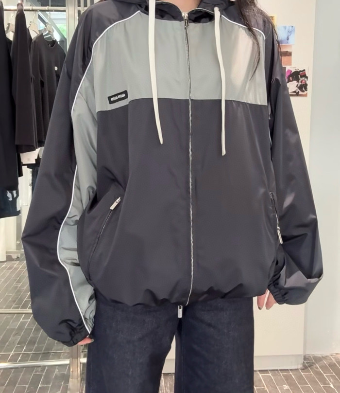NIGO MiuMiu Women's Spring/Summer Striped Color-Block Logo Zipper Hooded Oversized Short Jacket #nigo81594