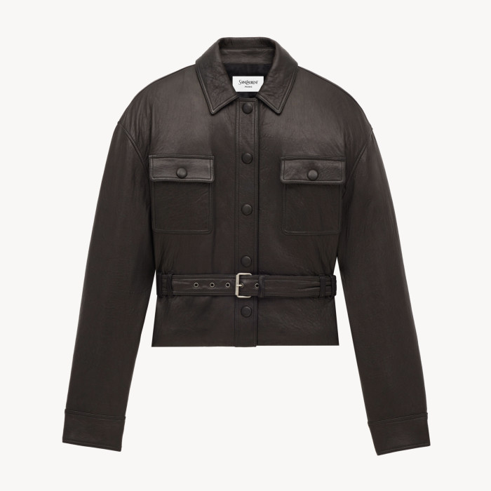 NIGO SAINT LAURENT Women's Fall/Winter Vintage Leather Lapel Tie-Front Single-Breasted Solid Color Short Jacket #nigo81711