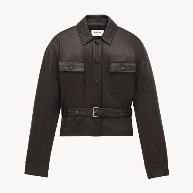 NIGO SAINT LAURENT Women's Fall/Winter Vintage Leather Lapel Tie-Front Single-Breasted Solid Color Short Jacket #nigo81711