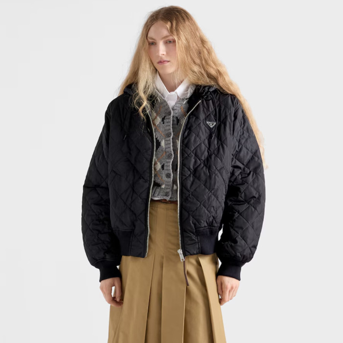 NIGO Prada Women's Lightweight Quilted Re-Nylon Jacket Logo Print Zipper Long Sleeve Solid Color Hooded Jacket #nigo81724