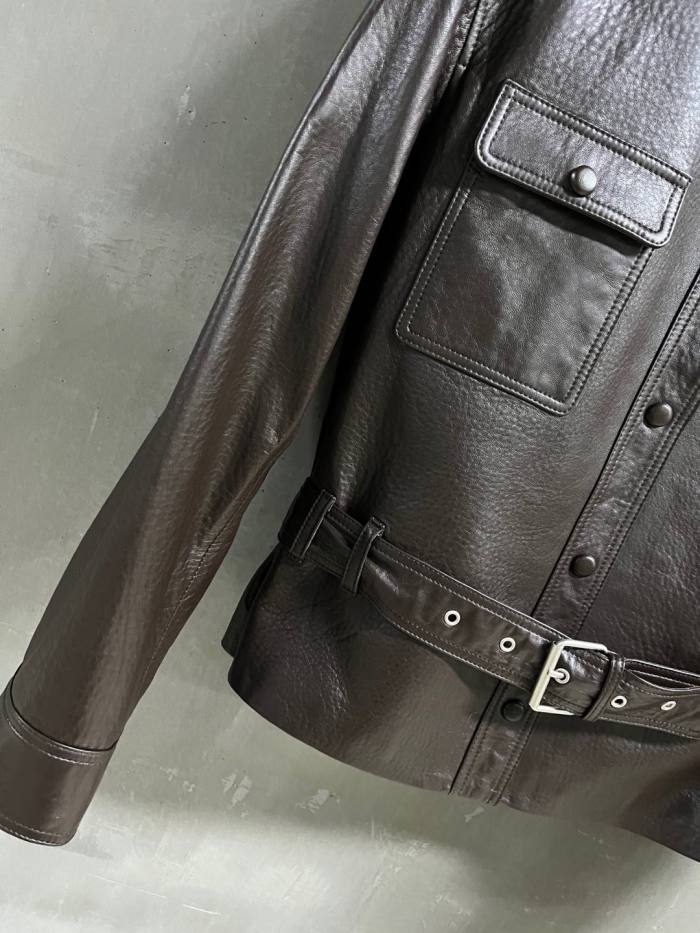 NIGO SAINT LAURENT Women's Fall/Winter Vintage Leather Lapel Tie-Front Single-Breasted Solid Color Short Jacket #nigo81711