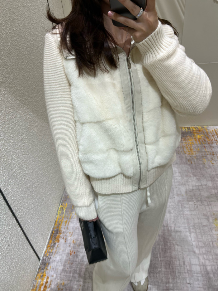 NIGO Loro Piana Women's Fall/Winter Mink-Collar Cashmere Solid-Color Zipper Long-Sleeve Knit Puffer Down Jacket #nigo81738
