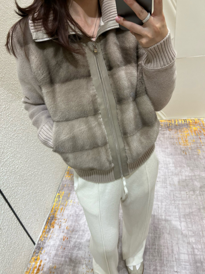 NIGO Loro Piana Women's Fall/Winter Mink-Collar Cashmere Solid-Color Zipper Long-Sleeve Knit Puffer Down Jacket #nigo81738