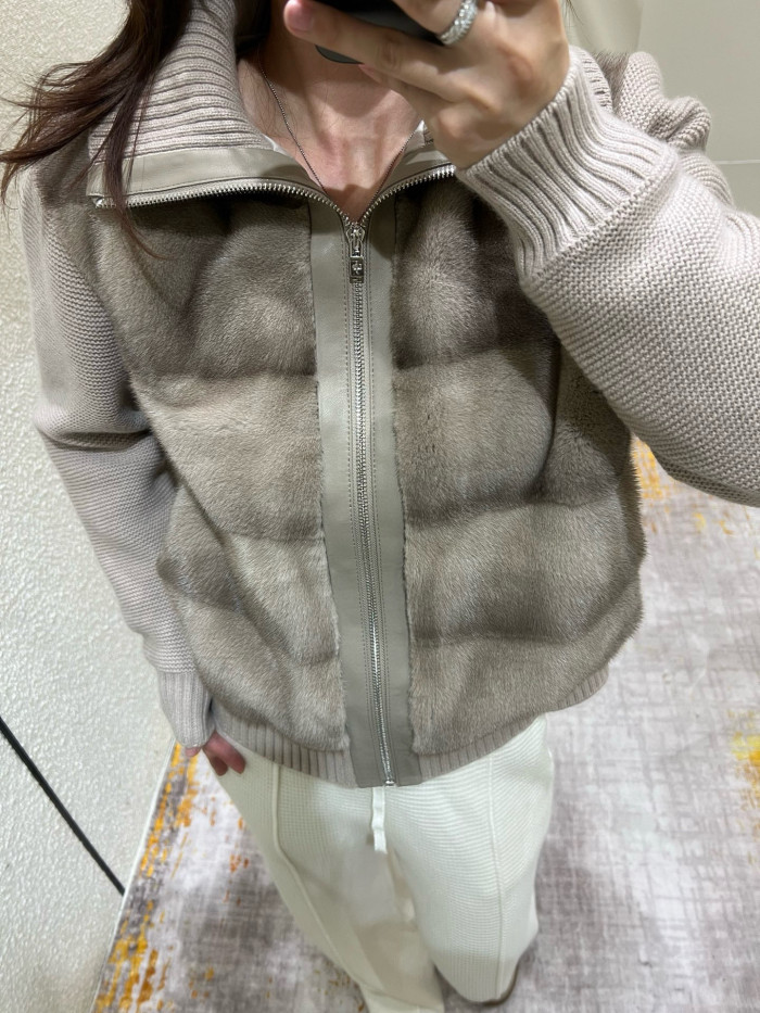 NIGO Loro Piana Women's Fall/Winter Mink-Collar Cashmere Solid-Color Zipper Long-Sleeve Knit Puffer Down Jacket #nigo81738
