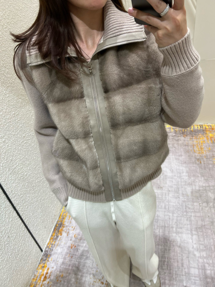 NIGO Loro Piana Women's Fall/Winter Mink-Collar Cashmere Solid-Color Zipper Long-Sleeve Knit Puffer Down Jacket #nigo81738
