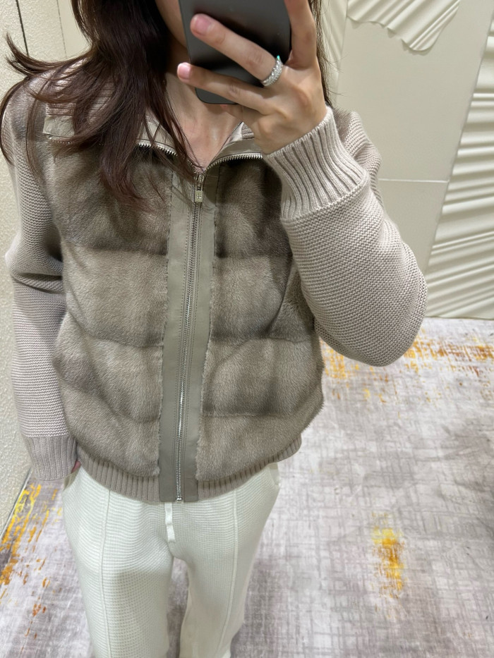 NIGO Loro Piana Women's Fall/Winter Mink-Collar Cashmere Solid-Color Zipper Long-Sleeve Knit Puffer Down Jacket #nigo81738