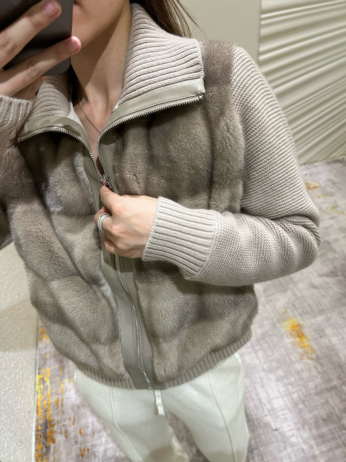 NIGO Loro Piana Women's Fall/Winter Mink-Collar Cashmere Solid-Color Zipper Long-Sleeve Knit Puffer Down Jacket #nigo81738