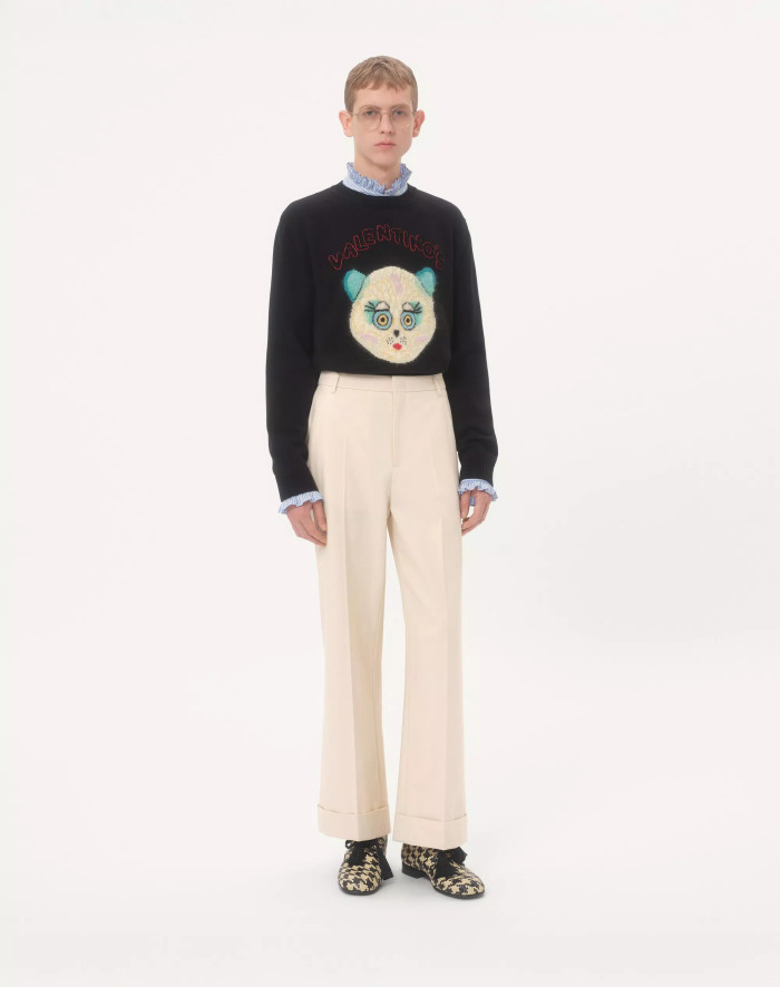 NIGO Valentino Men's Le Chat De La Maison Wool Logo Cat Embroidered Solid Color Crew Neck Long Sleeve Knit Sweater #nigo81754