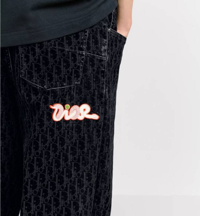 NIGO Dior Men's Dior And Kaws Collection Four-Season Cotton-Blend Solid-Color Button-Fly Flocked Denim Pants #nigo81751