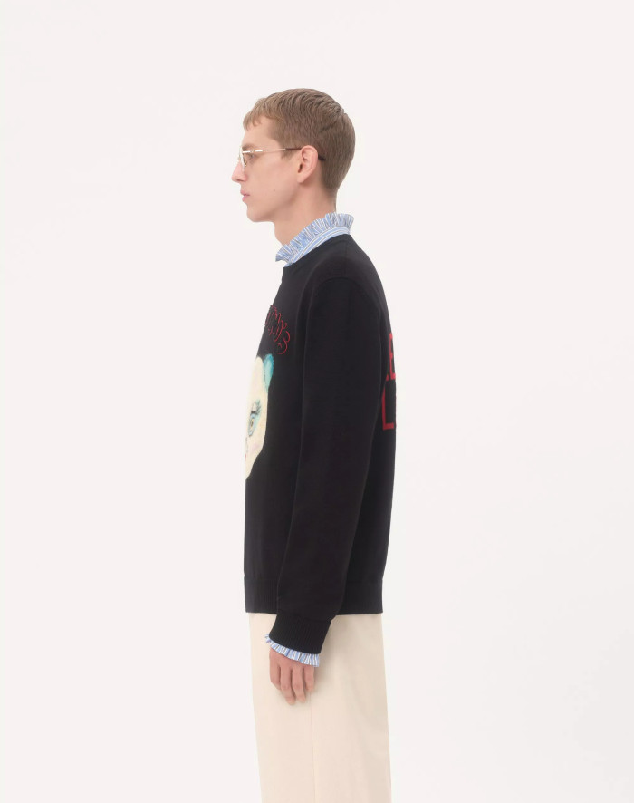 NIGO Valentino Men's Le Chat De La Maison Wool Logo Cat Embroidered Solid Color Crew Neck Long Sleeve Knit Sweater #nigo81754