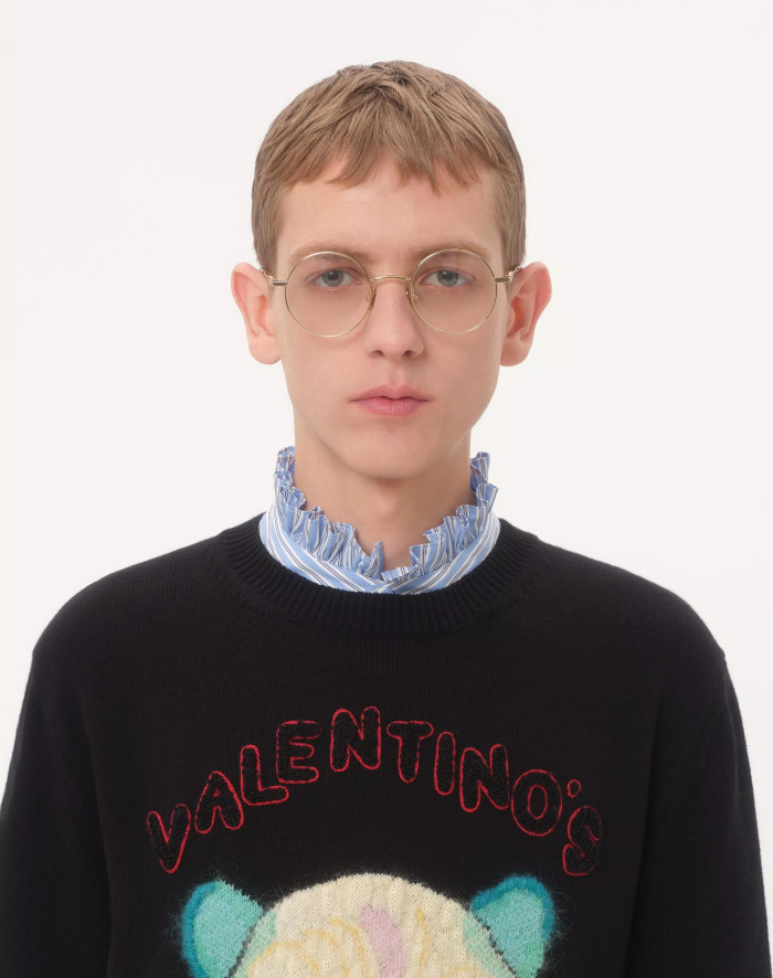 NIGO Valentino Men's Le Chat De La Maison Wool Logo Cat Embroidered Solid Color Crew Neck Long Sleeve Knit Sweater #nigo81754