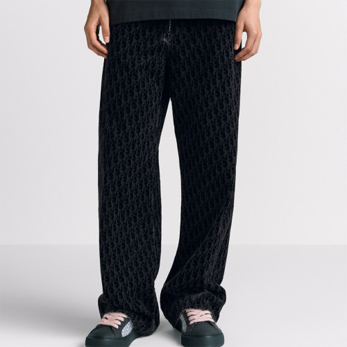 NIGO Dior Men's Dior And Kaws Collection Four-Season Cotton-Blend Solid-Color Button-Fly Flocked Denim Pants #nigo81751