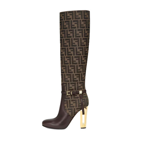 NIGO Fendi Women's Fall/Winter Fashion Classic Round Toe Leather FF Jacquard Fabric High Heel Knee High Boots Shoes #nigo79223
