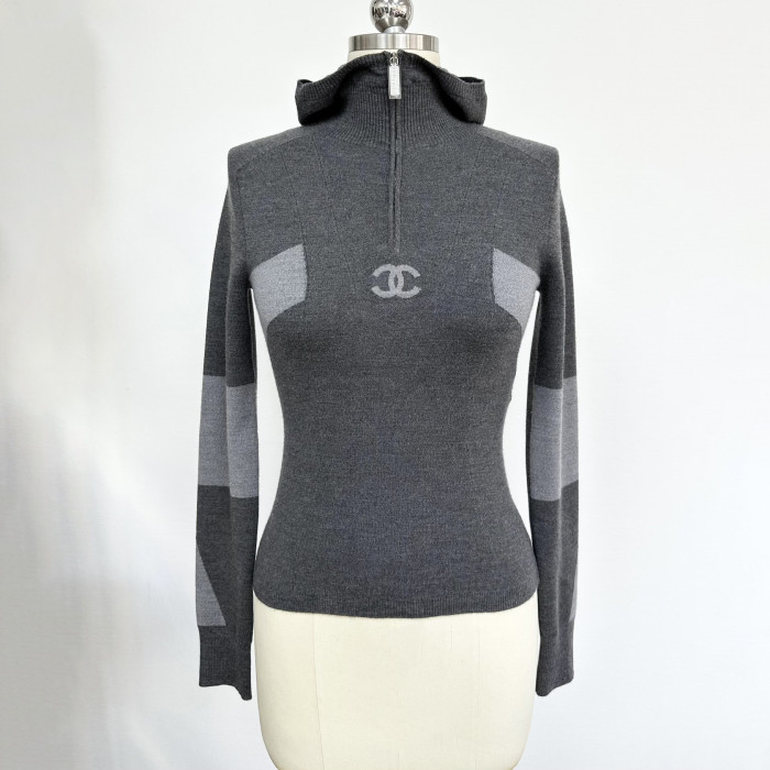 NIGO Chanel Women's Spring/fall Fashion Casual Color Block Hooded Pullover Half Zip Knit Sweater #nigo79229