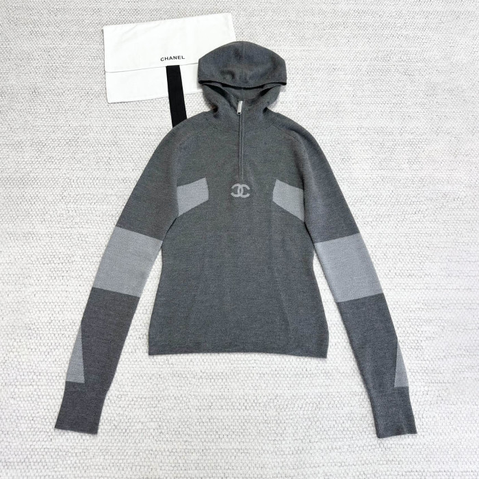 NIGO Chanel Women's Spring/fall Fashion Casual Color Block Hooded Pullover Half Zip Knit Sweater #nigo79229