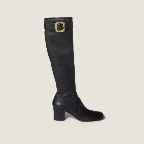 NIGO MiuMiu Women's Fall/Winter Fashion Classic Solid Color Leather Round Toe Sleeve Style Zipper Buckle Elastic Bare Leather Boots High Top Boots Shoes #nigo79238