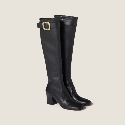 NIGO MiuMiu Women's Fall/Winter Fashion Classic Solid Color Leather Round Toe Sleeve Style Zipper Buckle Elastic Bare Leather Boots High Top Boots Shoes #nigo79238