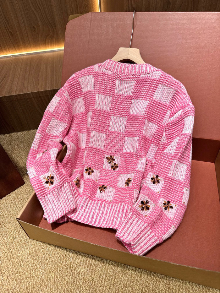 NIGO Louis Vuitton DAMIER Men's And Women's Spring/fall Fashion Casual Crew Neck Single-button Checkered Pattern Sweater With Delicate Floral Embroidery Details Knit Cardigan #nigo79247
