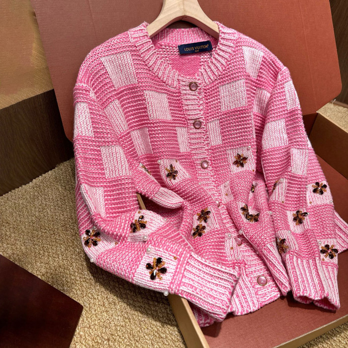 NIGO Louis Vuitton DAMIER Men's And Women's Spring/fall Fashion Casual Crew Neck Single-button Checkered Pattern Sweater With Delicate Floral Embroidery Details Knit Cardigan #nigo79247