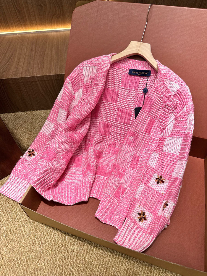 NIGO Louis Vuitton DAMIER Men's And Women's Spring/fall Fashion Casual Crew Neck Single-button Checkered Pattern Sweater With Delicate Floral Embroidery Details Knit Cardigan #nigo79247