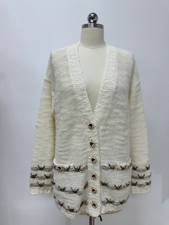 NIGO Chanel Women's Spring/Fall Vintage V-Neck Single-Breasted Gold-Thread Knit Wool-Blend Cardigan Ngvp #nigo2562