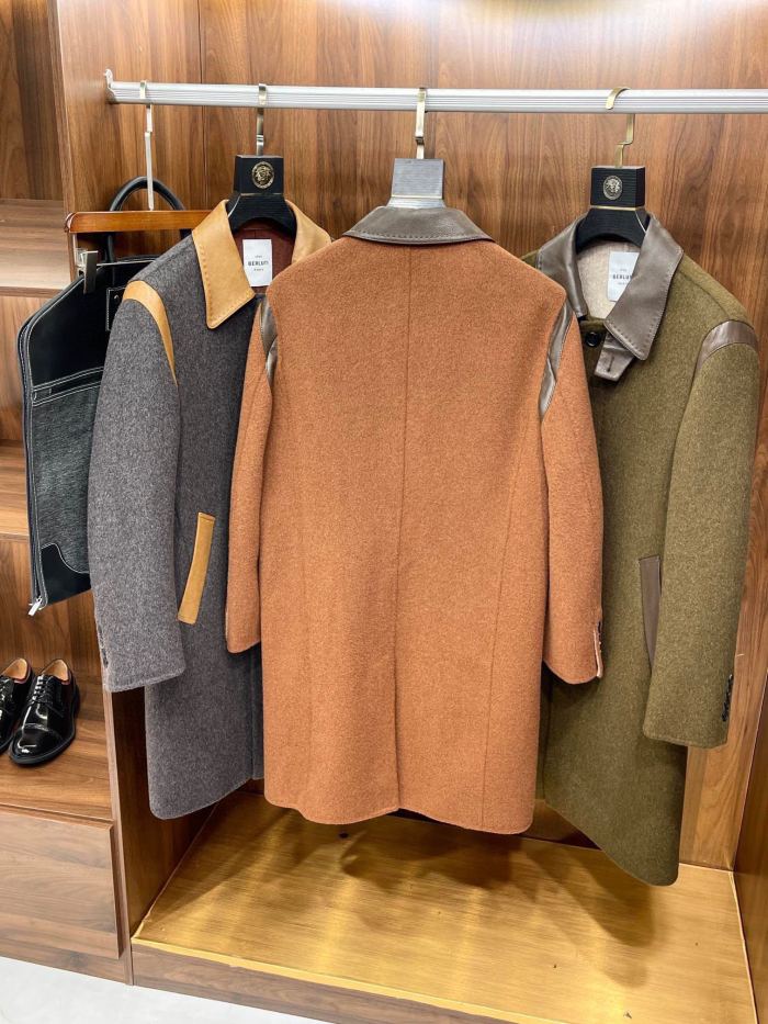 NIGO Berluti Men's Fall/Winter Vintage Two-Tone Reversible Wool Blend with Sheepskin Panels Mid-Length Solid Color Long-Sleeve Coat Jacket Ngvp #nigo2579