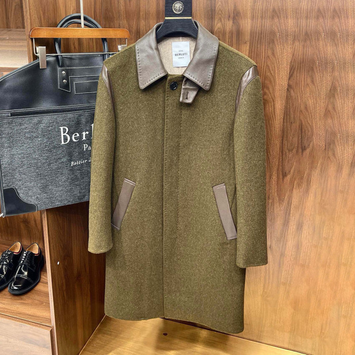 NIGO Berluti Men's Fall/Winter Vintage Two-Tone Reversible Wool Blend with Sheepskin Panels Mid-Length Solid Color Long-Sleeve Coat Jacket Ngvp #nigo2579