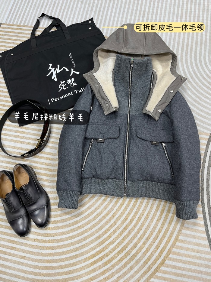 NIGO Hermes Men's Spring/Fall Patchwork Leather-Fur Collar Cashmere Casual Solid-Color Hooded Jacket Ngvp #nigo2572