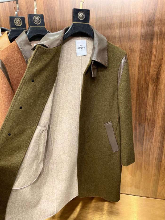 NIGO Berluti Men's Fall/Winter Vintage Two-Tone Reversible Wool Blend with Sheepskin Panels Mid-Length Solid Color Long-Sleeve Coat Jacket Ngvp #nigo2579