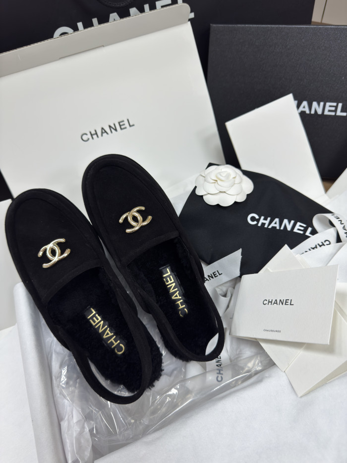 NIGO Chanel Women's Fall/Winter Casual Round Toe Slip On Teddy Fur Logo Flat Mules Shoes #nigo79254