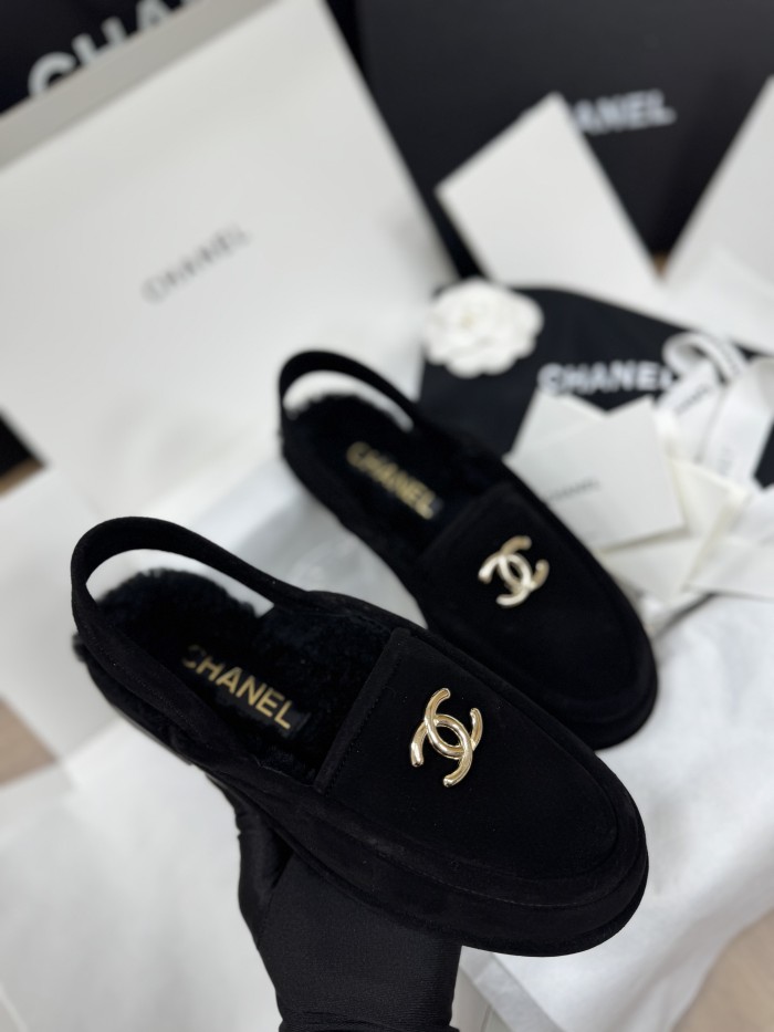 NIGO Chanel Women's Fall/Winter Casual Round Toe Slip On Teddy Fur Logo Flat Mules Shoes #nigo79254