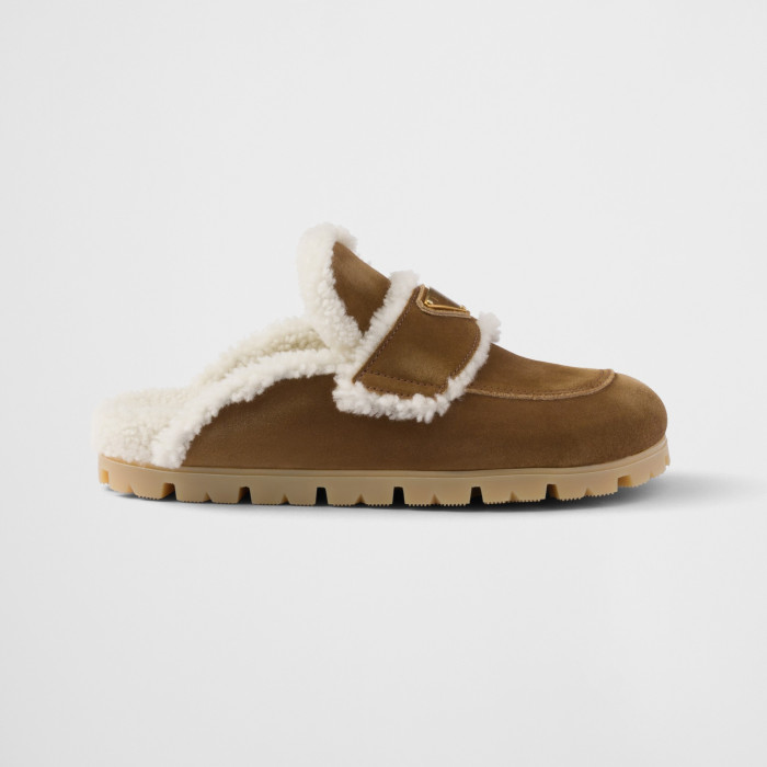 NIGO Prada Women's Fall/winter Casual Round Toe Slip On Fleece Lined Triangular Logo Birkenstock Style Slippers Shoes #nigo79271
