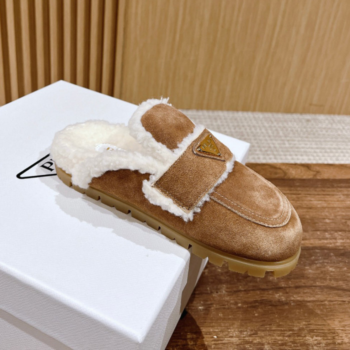 NIGO Prada Women's Fall/winter Casual Round Toe Slip On Fleece Lined Triangular Logo Birkenstock Style Slippers Shoes #nigo79271