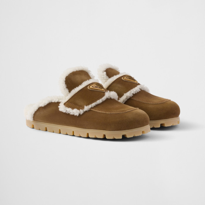 NIGO Prada Women's Fall/winter Casual Round Toe Slip On Fleece Lined Triangular Logo Birkenstock Style Slippers Shoes #nigo79271