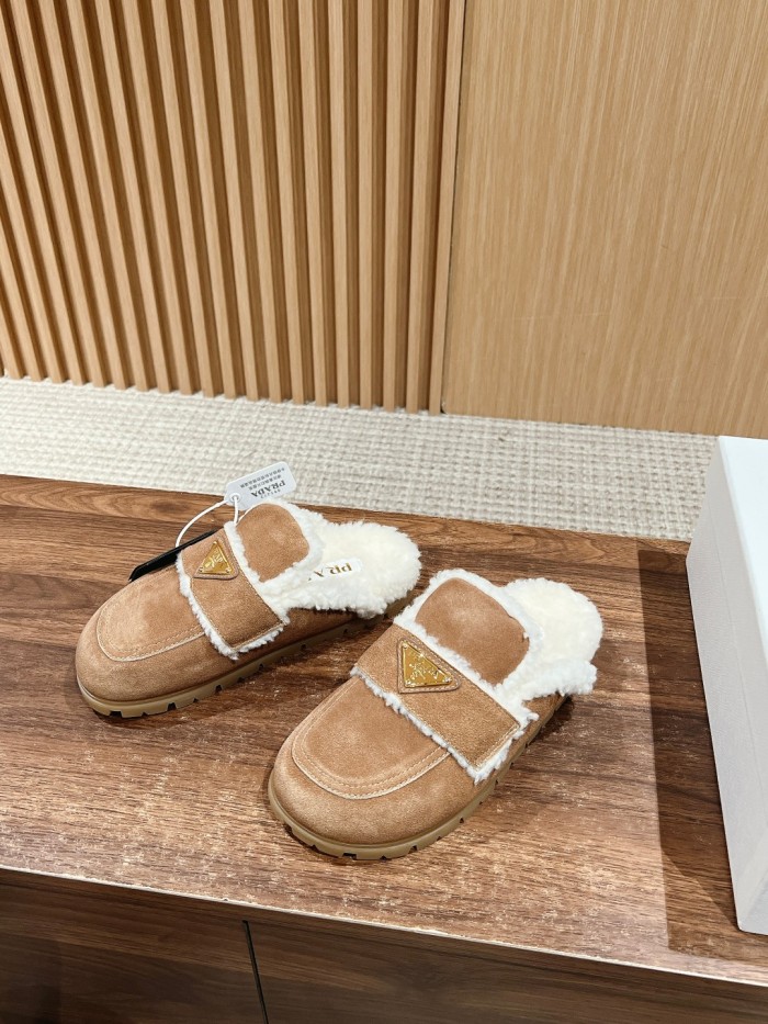 NIGO Prada Women's Fall/winter Casual Round Toe Slip On Fleece Lined Triangular Logo Birkenstock Style Slippers Shoes #nigo79271