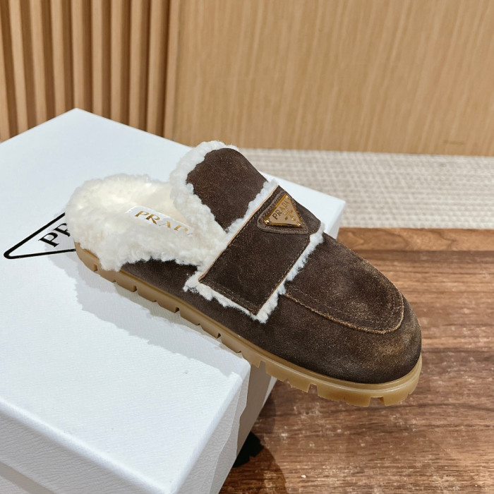 NIGO Prada Women's Fall/winter Casual Round Toe Slip On Fleece Lined Triangular Logo Birkenstock Style Slippers Shoes #nigo79271