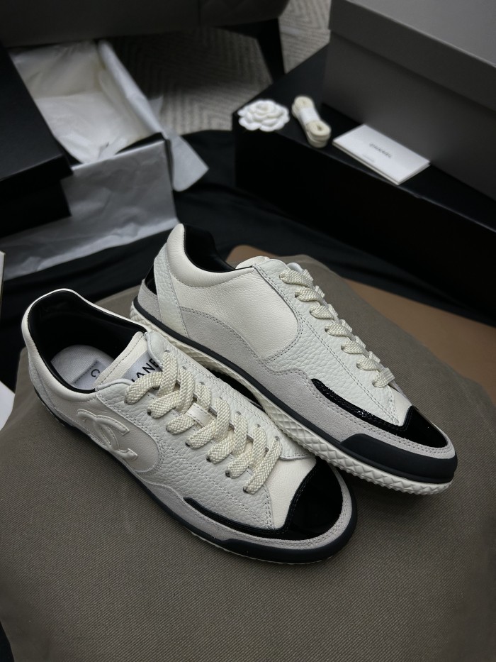 NIGO Chanel Women's Spring/Fall Fashion Casual Round Toe Lace Up Two Tone Flat Low Top Lychee Grain Cowhide Patent Leather Slip On Sneakers Shoes #nigo79295