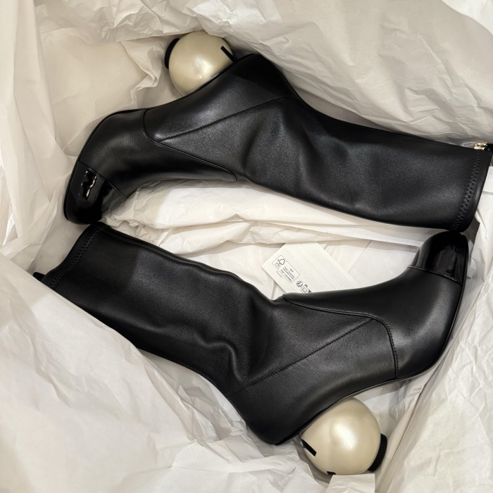 NIGO Chanel Women's Fall/Winter Fashion Classic Color Block Leather Round Toe Slip On Zipper Pearl Heel High Boots Pearl Boots Shoes #nigo330870