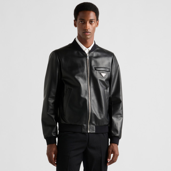 NIGO Prada Men's Fall/Winter Fashion Classic Solid Color Leather Crew Neck Zip Up Reversible Leather Plain Weave Jacket #nigo79345