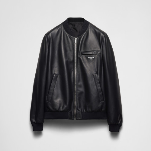 NIGO Prada Men's Fall/Winter Fashion Classic Solid Color Leather Crew Neck Zip Up Reversible Leather Plain Weave Jacket #nigo79345