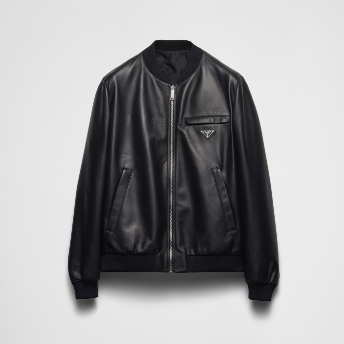 NIGO Prada Men's Fall/Winter Fashion Classic Solid Color Leather Crew Neck Zip Up Reversible Leather Plain Weave Jacket #nigo79345