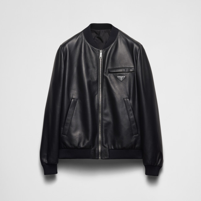 NIGO Prada Men's Fall/Winter Fashion Classic Solid Color Leather Crew Neck Zip Up Reversible Leather Plain Weave Jacket #nigo79345